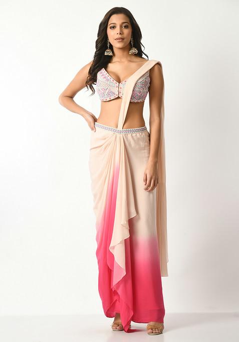Blush And Fuschia Ombre Draped Saree With Blouse