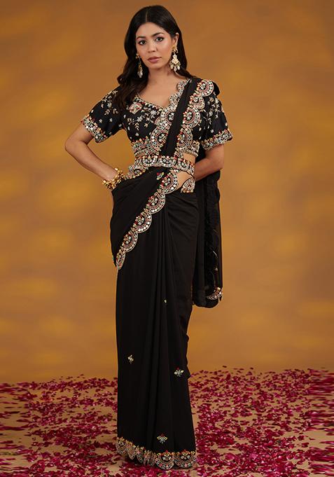 Black Mirror Embroidered Georgette Saree With Blouse