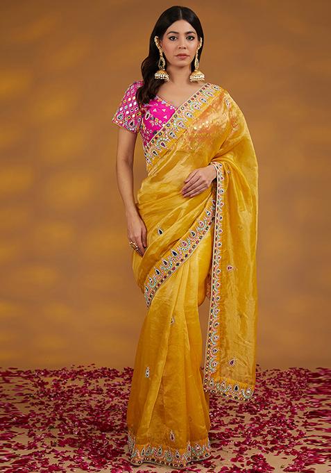 Yellow Mirror Embroidered Organza Saree With Blouse