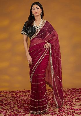 Maroon Mirror Embroidered Organza Saree Set
