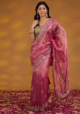 Pink Mirror Embroidered Organza Tissue Saree Set