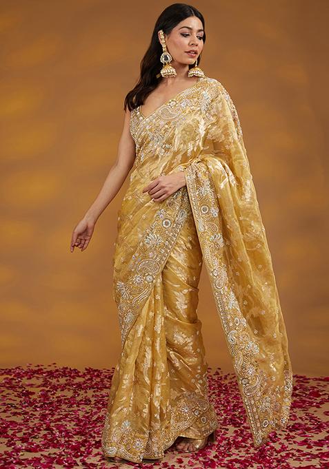 Gold Zardozi Embroidered Silk Organza Saree Set