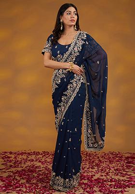 Blue Sequin Embroidered Georgette Saree Set
