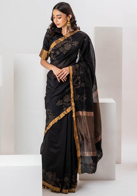 Black Cutwork Embroidered Chanderi Saree With Blouse