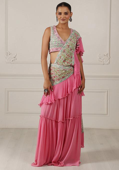 Light Pink Embroidered Silk Georgette Draped Saree Set
