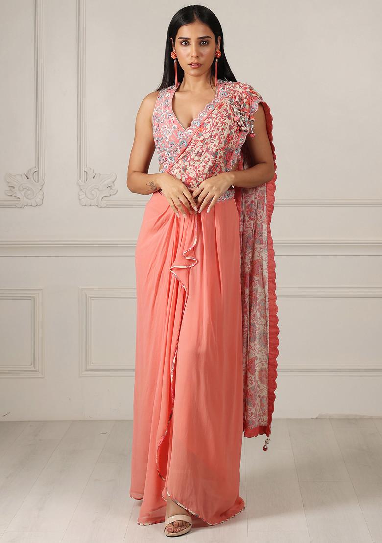 Orange Embroidered Silk Georgette Draped Saree Set