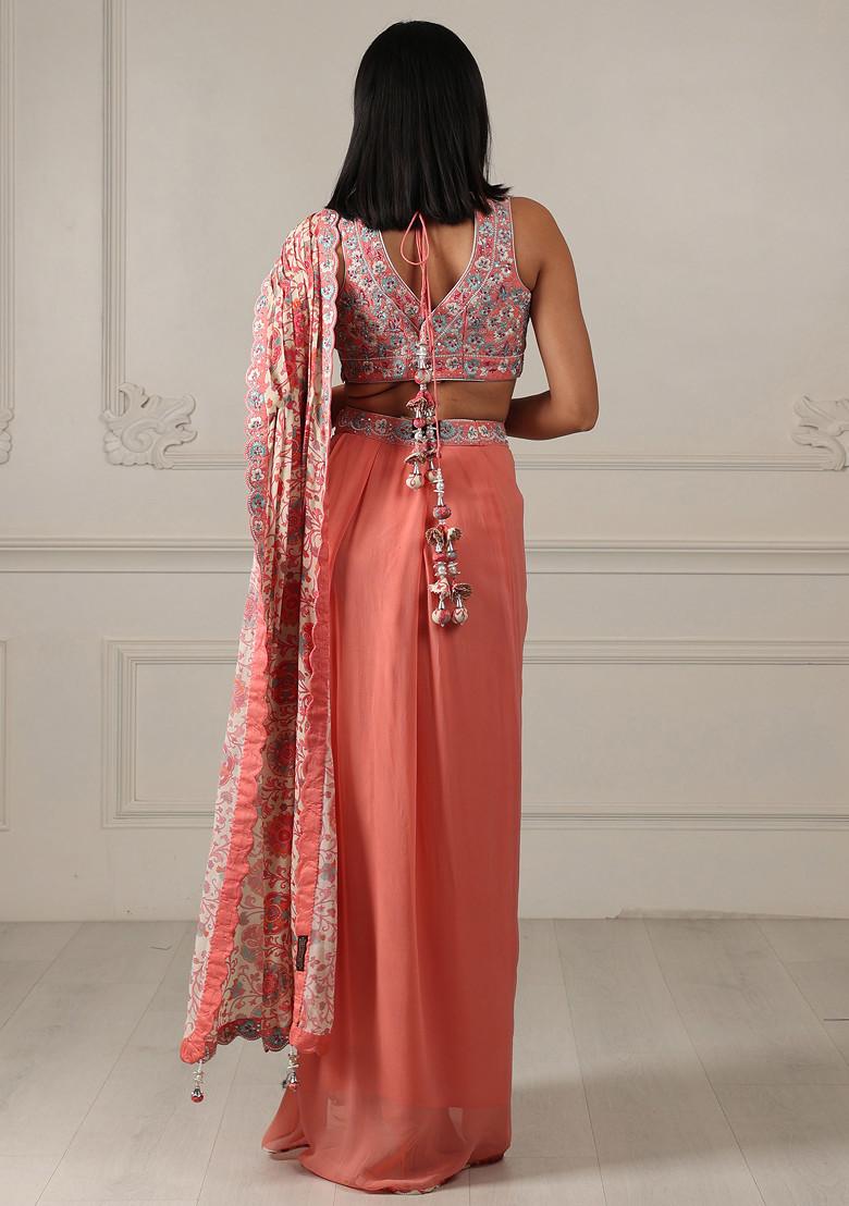 Orange Embroidered Silk Georgette Draped Saree Set