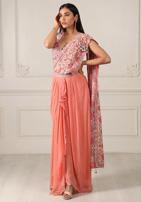 Orange Embroidered Silk Georgette Draped Saree Set