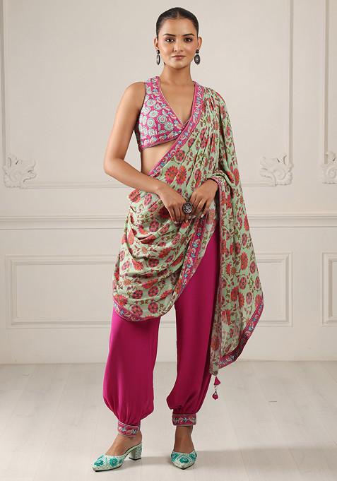 Pink Embroidered Silk Georgette Draped Saree Set