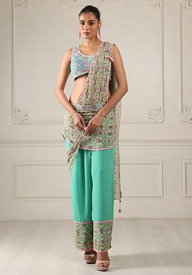 Green Embroidered Silk Georgette Draped Saree Set