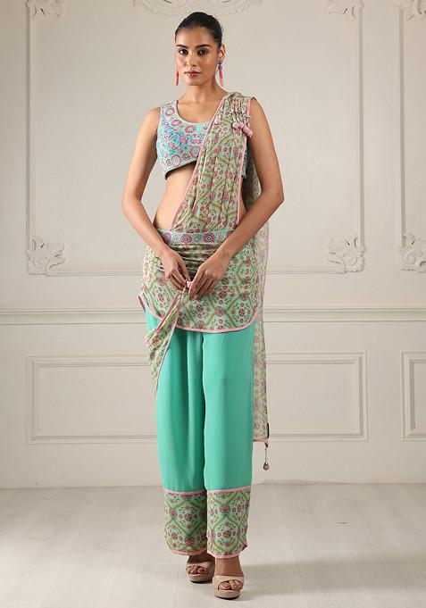 Green Embroidered Silk Georgette Draped Saree Set