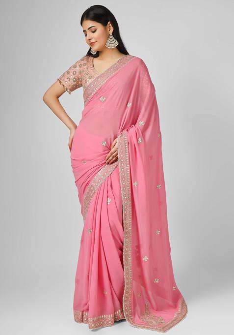 Pink Gotta Dori Embroidered Silk Georgette Saree With Blouse
