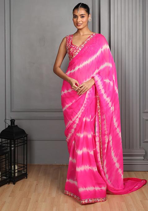 Pink Tie And Dye Embroidered Saree With Blouse