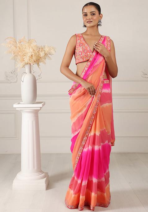 Orange Tie And Dye Embroidered Saree With Blouse