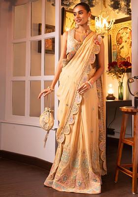 Beige Pietra Dura Machine Embroidered Silk Saree Set