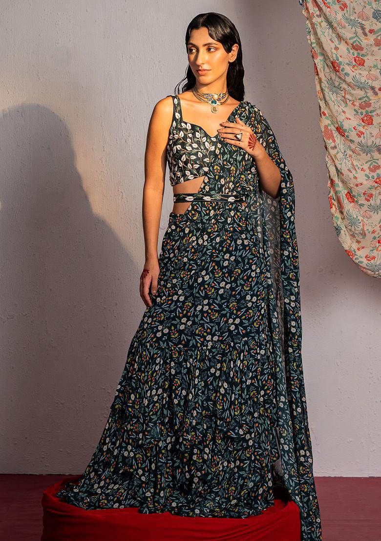 Royal Green Digital Print And Sequin Embroidered Draped Saree Set - Indya