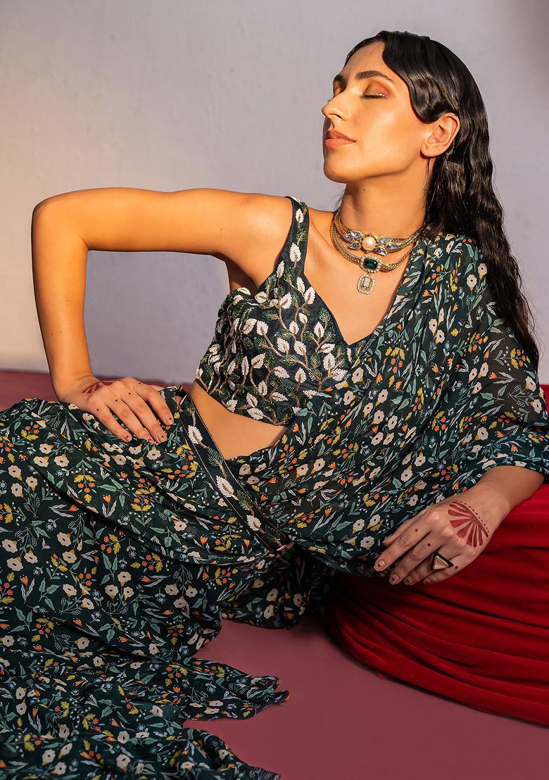 Royal Green Digital Print And Sequin Embroidered Draped Saree Set - Indya