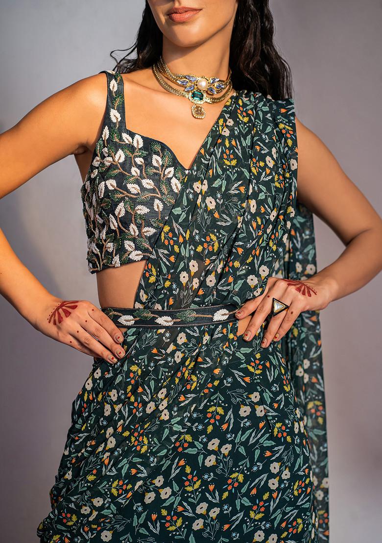 Royal Green Digital Print And Sequin Embroidered Draped Saree Set - Indya