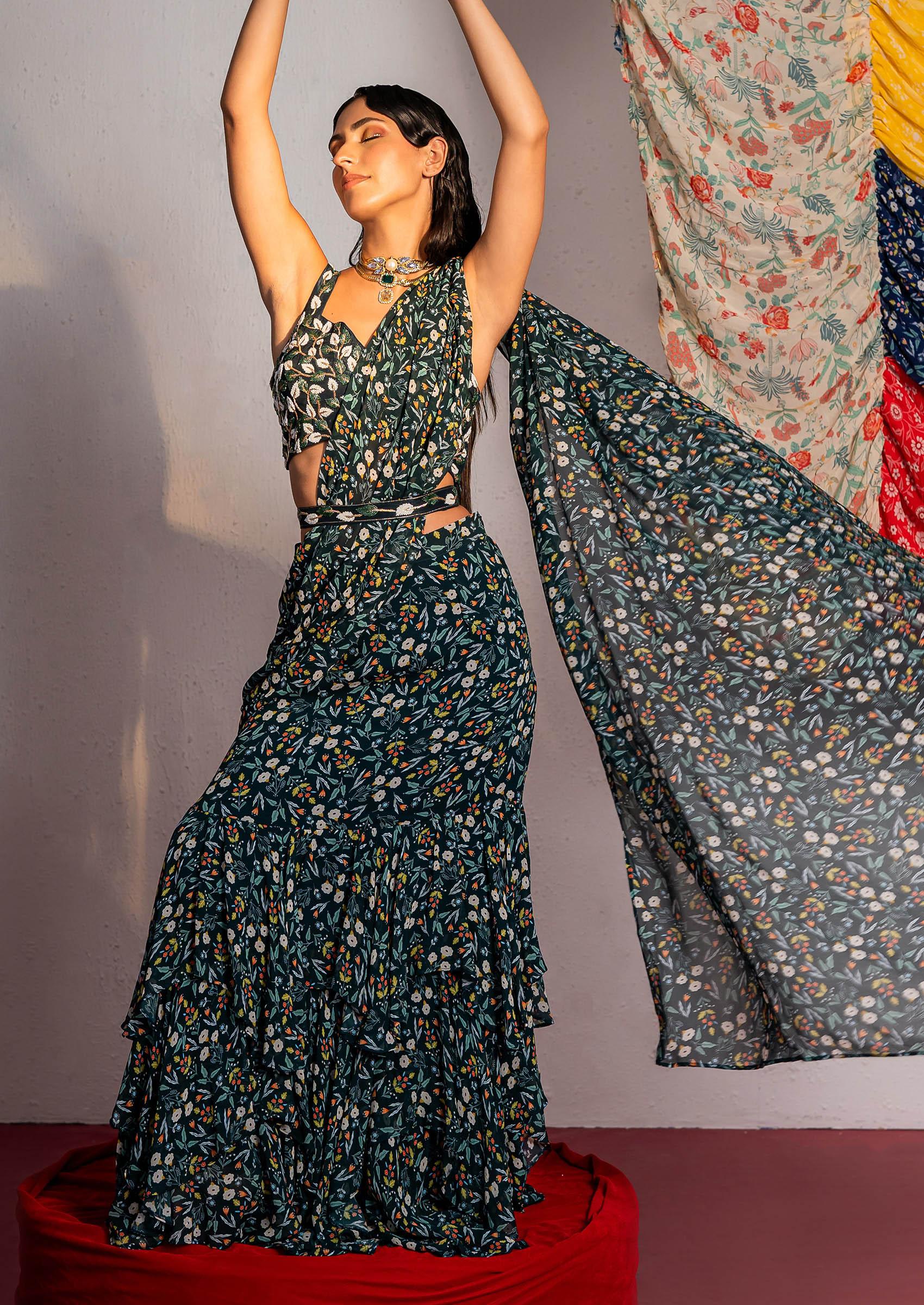 Royal Green Digital Print And Sequin Embroidered Draped Saree Set - Indya