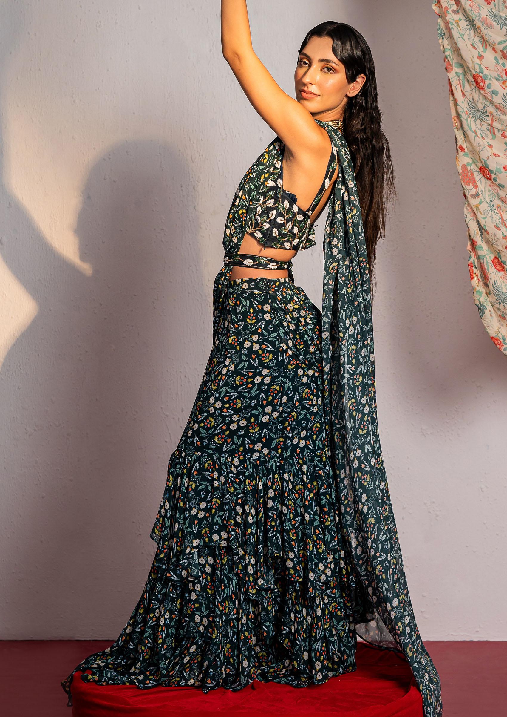 Royal Green Digital Print And Sequin Embroidered Draped Saree Set - Indya