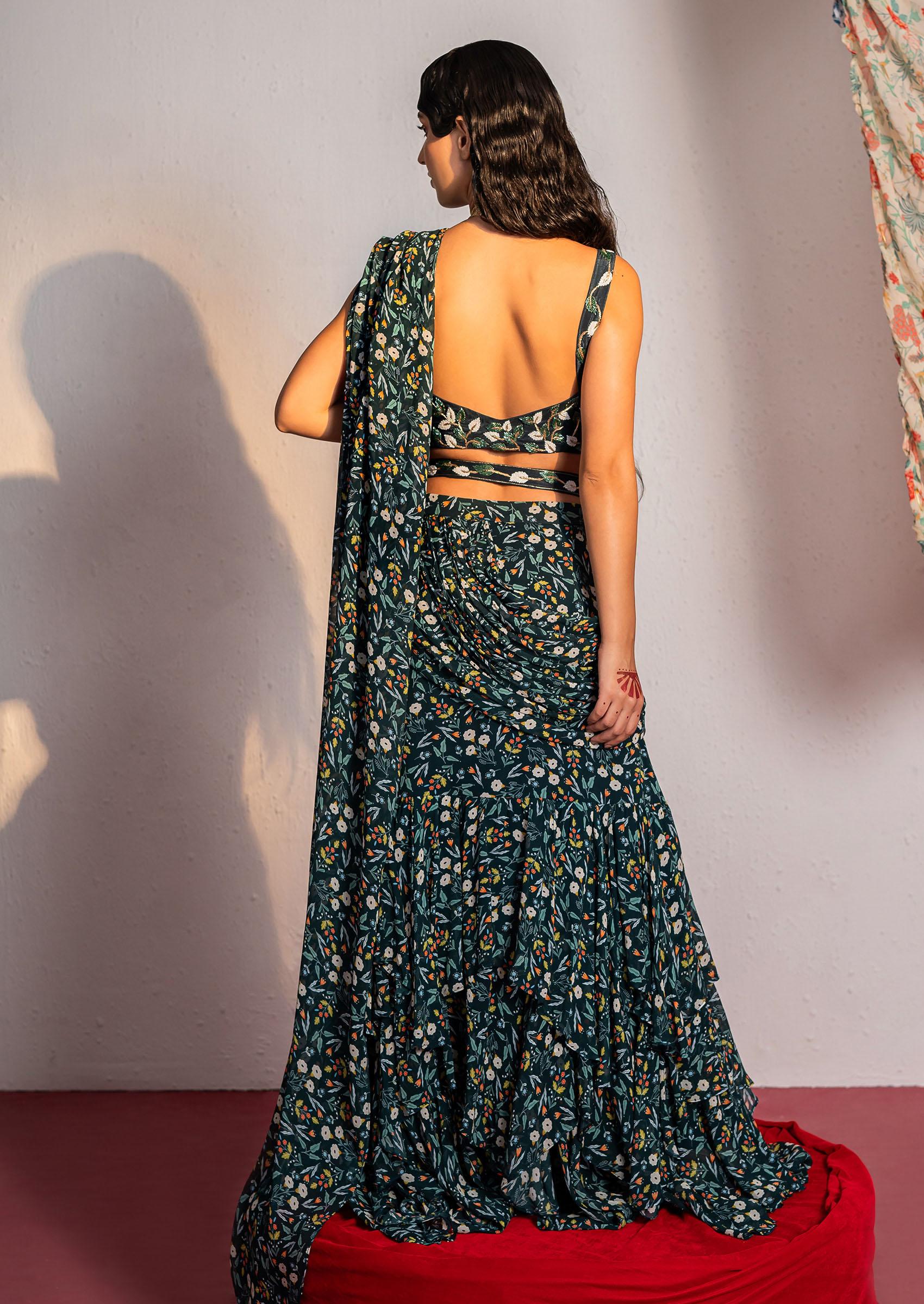 Royal Green Digital Print And Sequin Embroidered Draped Saree Set - Indya