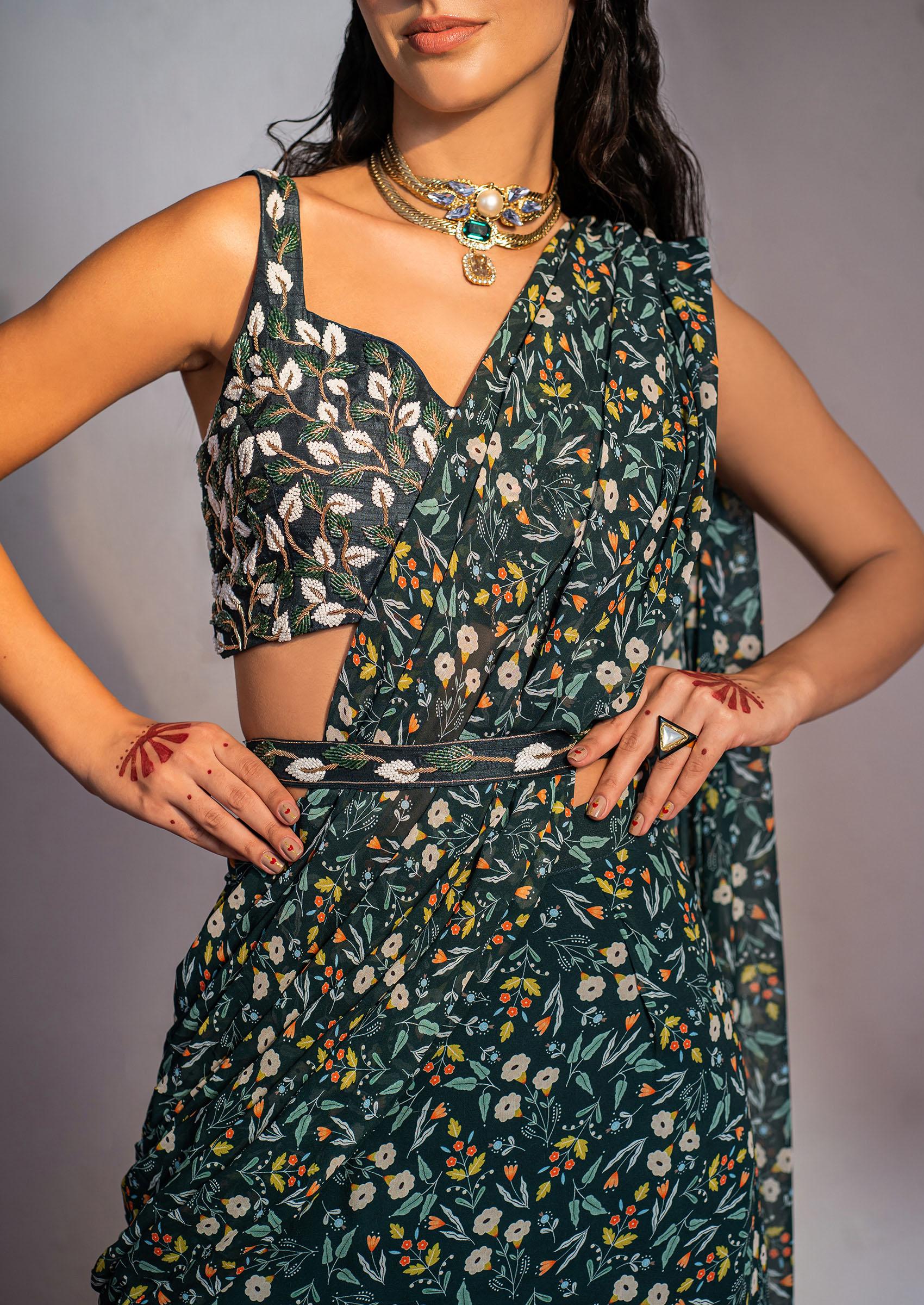 Royal Green Digital Print And Sequin Embroidered Draped Saree Set - Indya