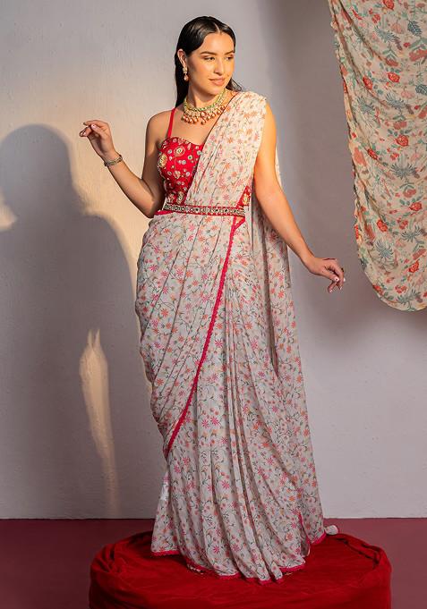 Ivory Digital Print And Sequin Embroidered Draped Saree Set