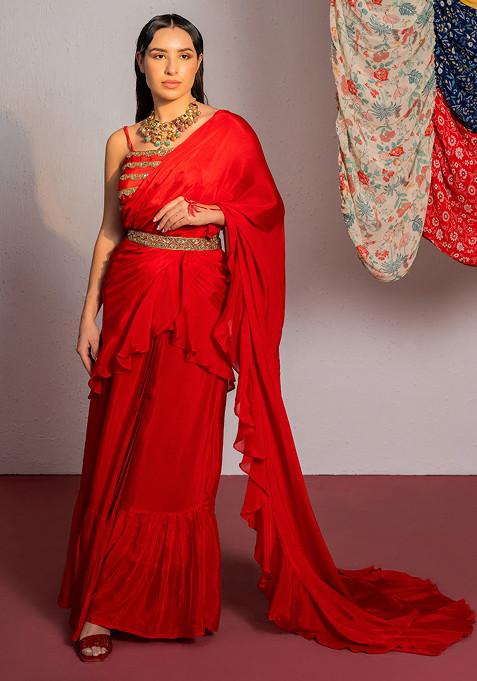 Red Mirror Embroidered Draped Saree Set