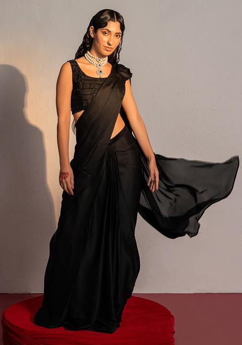 Black Sequin Embroidered Draped Saree Set