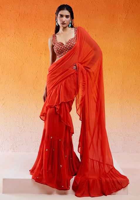 Red Scarlet Sequin Embroidered Saree Set