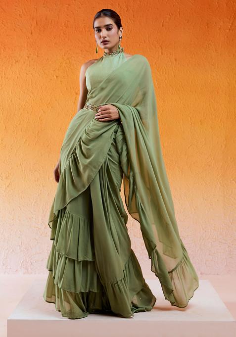 Pista Green Sequin Embroidered Draped Saree Set With Belt