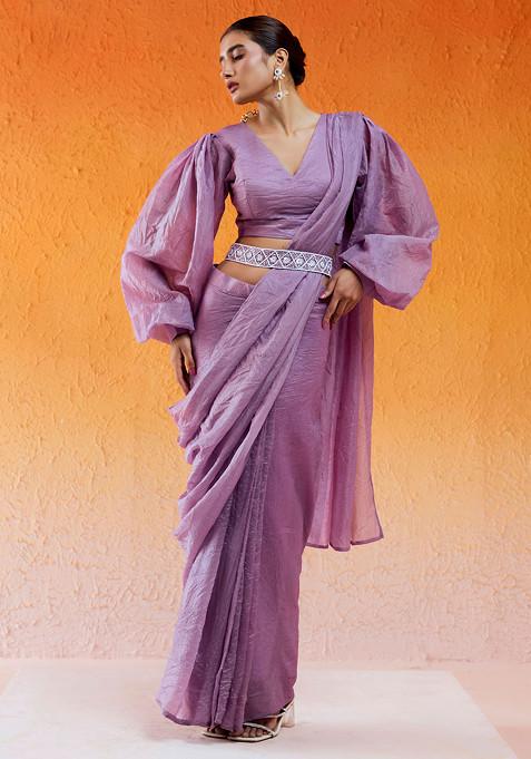 Lavender Sequin Embroidered Crushed Organza Draped Saree Set With Belt