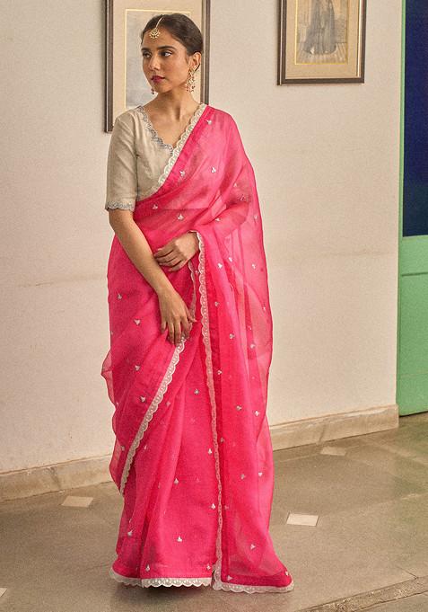 Pink And Silver Gul Hand And Machine Embroidered Silk Saree Set