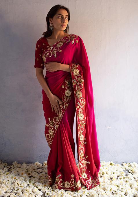 Rani Pink And Red Hand Embroidered Crepe Saree Set