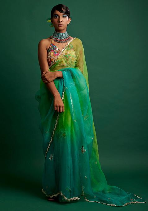 Lime And Turquoise Ombre Zardozi Organza Saree Set