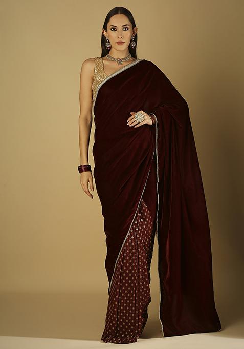 Maroon Embroidered Saree Set