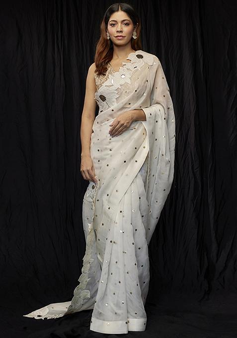 White Applique Embroidered Organza Saree Set