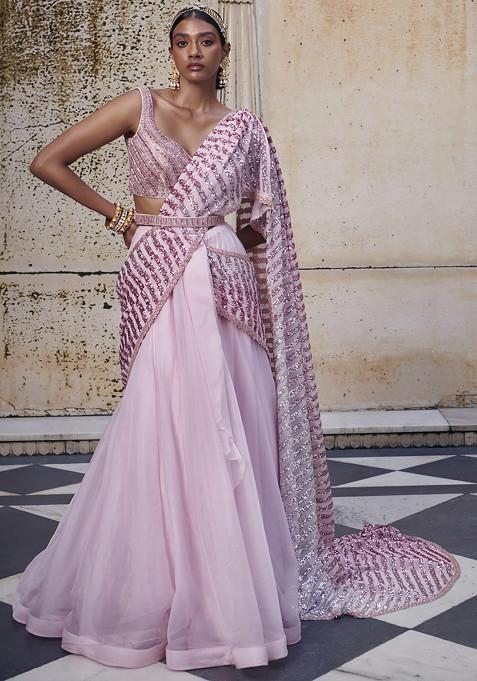 Pink Embroidered Net Draped Saree Set