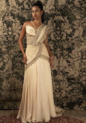 Light Gold Embroidered Silk Satin Draped Saree Set