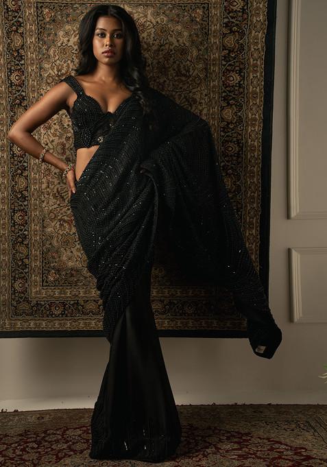 Black Iconic Embroidered Silk Satin Saree Set