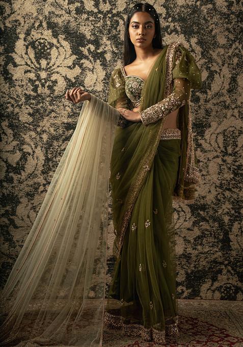 Olive Green Embroidered Net Saree Set