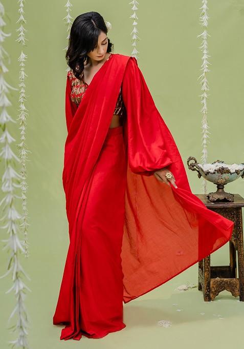 Red Embroidered Draped Saree Set