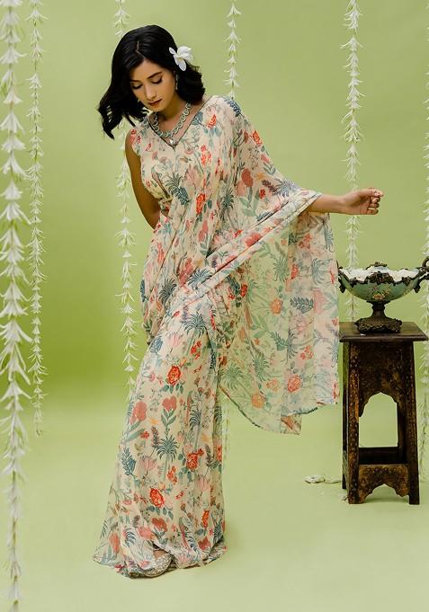 Off White Printed Embroidered Saree Set