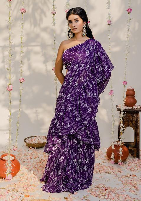 Purple Printed Embroidered Saree Set