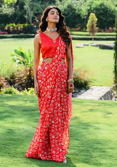 Cherry Red Floral Print Draped Saree Set