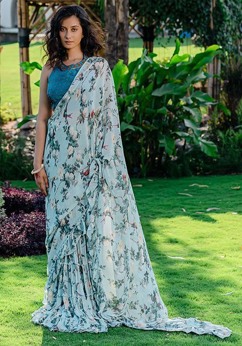 Powder Blue Printed And Embroidered Draped Saree Set