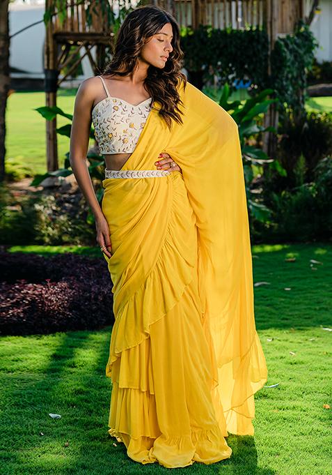 Yellow Embroidered Draped Saree Set with Belt