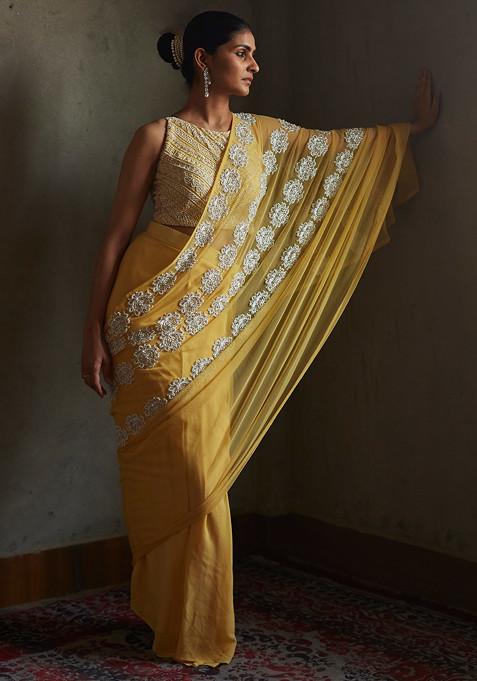 Yellow Hand Embroidered Saree