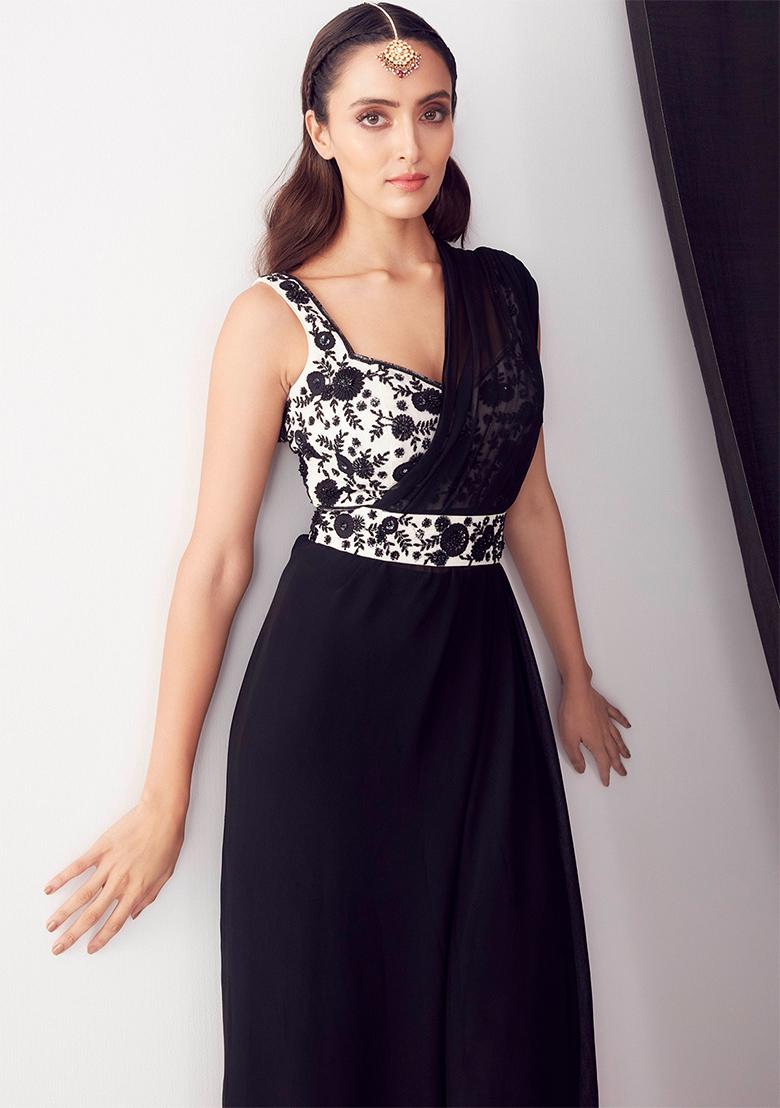 Black And White Sequin embroidered Pre-Draped Saree Set - Indya