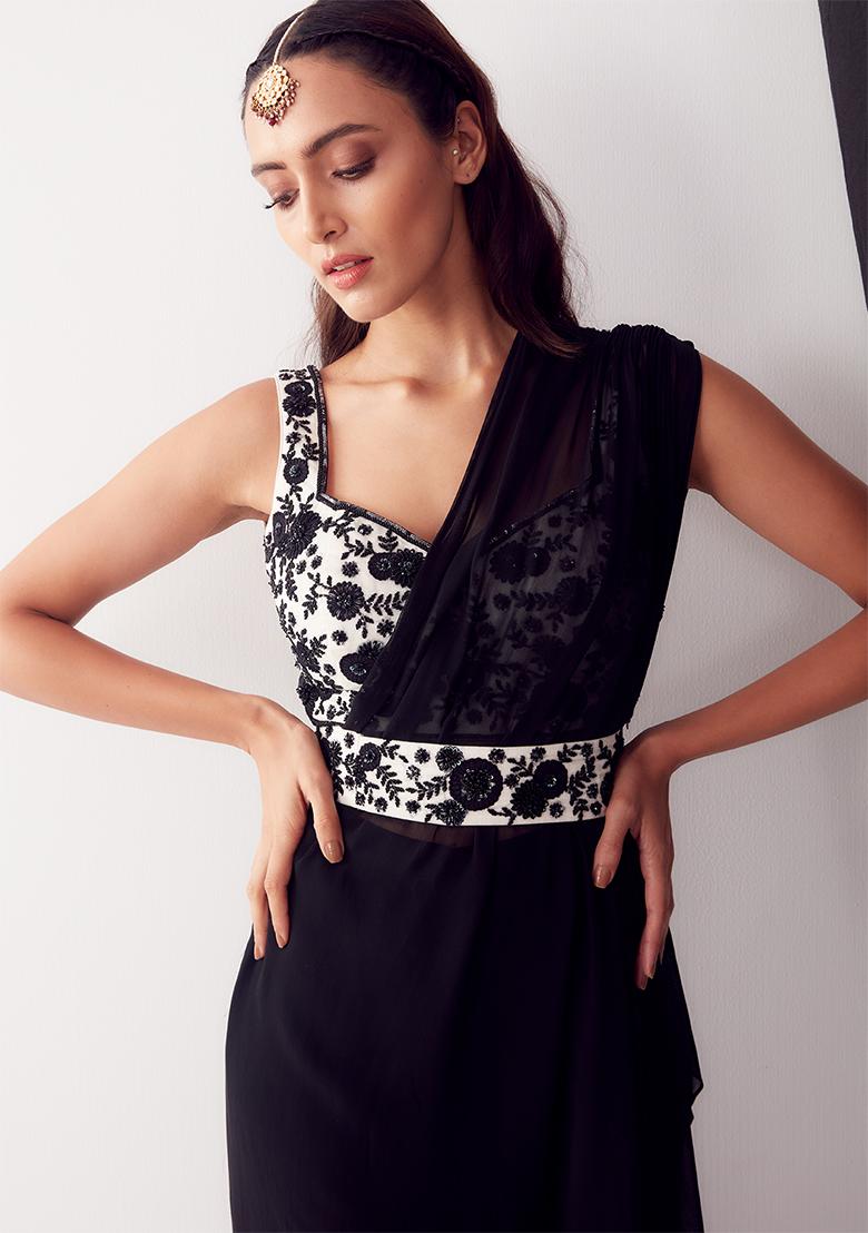 Black And White Sequin embroidered Pre-Draped Saree Set - Indya